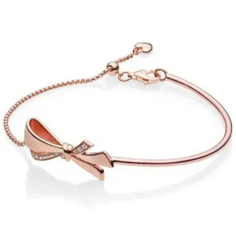 925 пробы серебряный браслет Розовый Блестящий бант шаровая застежка Регулировка браслета подходит для женщин шарик шарм Diy ювелирные изделия