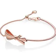 925 пробы серебряный браслет Розовый Блестящий бант шаровая застежка Регулировка браслета подходит для женщин шарик шарм Diy ювелирные изделия