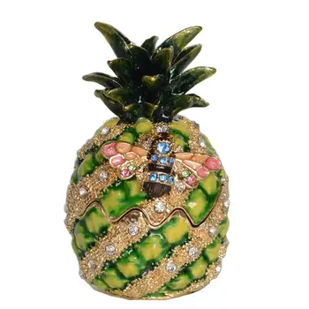 

Vintage Pineapple Crystals Bejeweled Trinket Box with Bumble Bee Collectible Creative Gifts Necklace Holder
