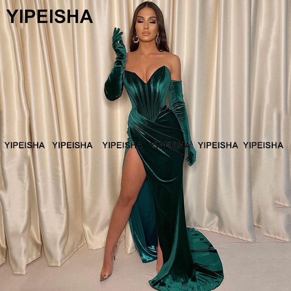 Yipeisha Emerald Green Velour Prom Dress High Slit Party Gowns Mermaid Winter Velvet Evening Gowns Robe de Soiree