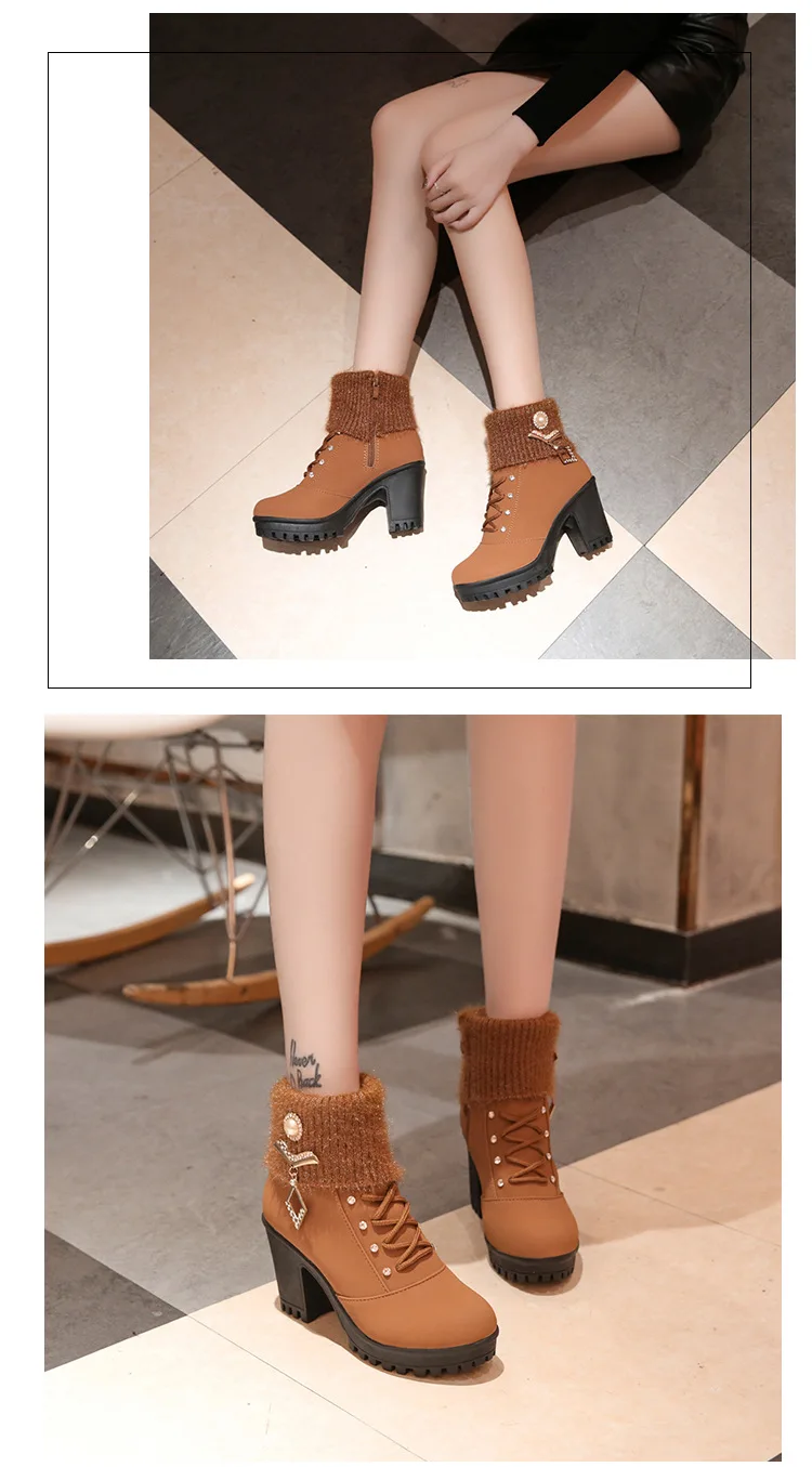 Autumn/Winter New Korean Plus Velvet High Heeled Women's Boots HairY Mouth Bold with Martin Boots Set Up Warm Short Boots