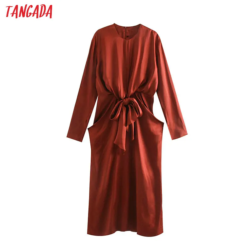 Tangada, женское однотонное красное платье, плиссированное, с бантом, с длинным рукавом, элегантное, для девушек, на год, платья для вечеринок, JE82