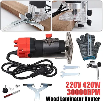 

Wood Electric Hand Trimmer 220V 420W 30000r/min Collet US Plug Corded Wood Laminator Router Joiners Aluminum + Wrench Gloves