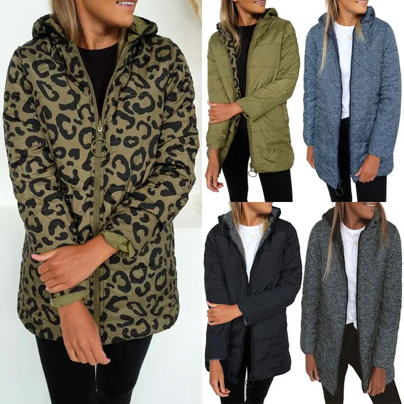 

Women Winter Two-Way Reversible Coat Lady Casual Leopard Thicken Warm Pockets Zippered Hooded Cotton-Padded Jacket Overcoat