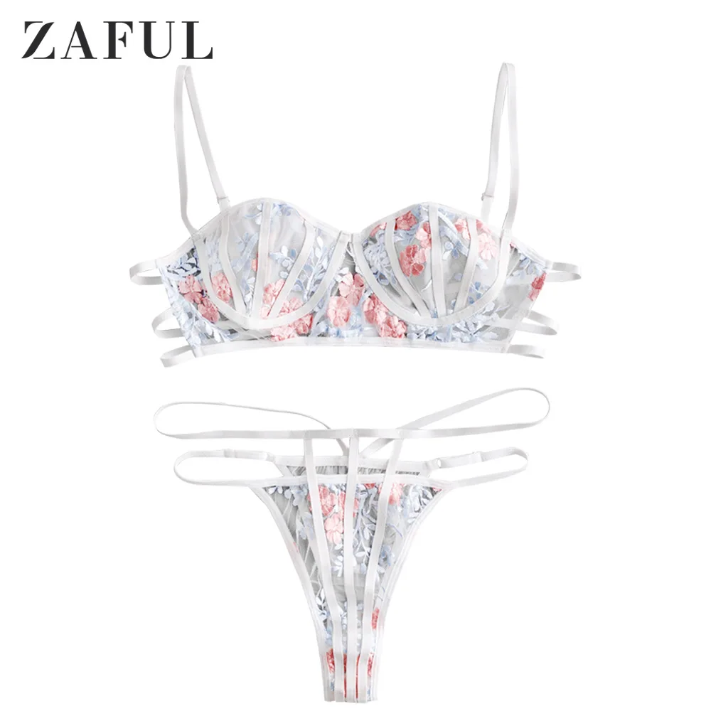 ZAFUL, женское нижнее белье с цветочной вышивкой, кружевной комплект нижнего белья, цельные чашки, без косточек, регулируемые лямки, вышивка, сексуальные бюстгальтеры, трусики
