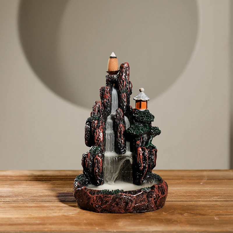 

Polyresin Handcrafted Backflow Incense Burner Mountain Shape Home Sandalwood Fragrance Burner Ornament with 20 Pcs Cones