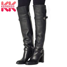 KemeKiss/Женские Сапоги выше колена из натуральной кожи; зимняя теплая обувь; женская обувь черного цвета на толстом каблуке с пряжкой; размер 31-43