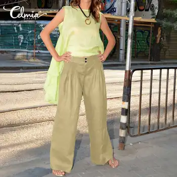 

Fashion Cotton Linen Solid Wide Leg Trouser Women Celmia High Waist Linen Long Pants Casual Buttons Loose Bottoms Plus Size 5XL