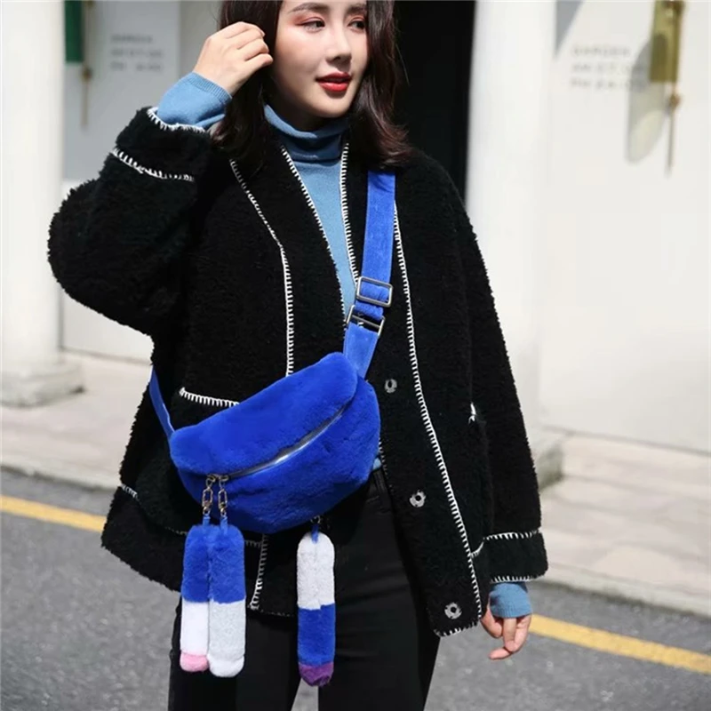 IANLAN Casual Womens Real Rex Rabbit Fur Belt Bag& Fanny Pack Sweet Lady Cute Contrast Color Crossbody Bags IL00556