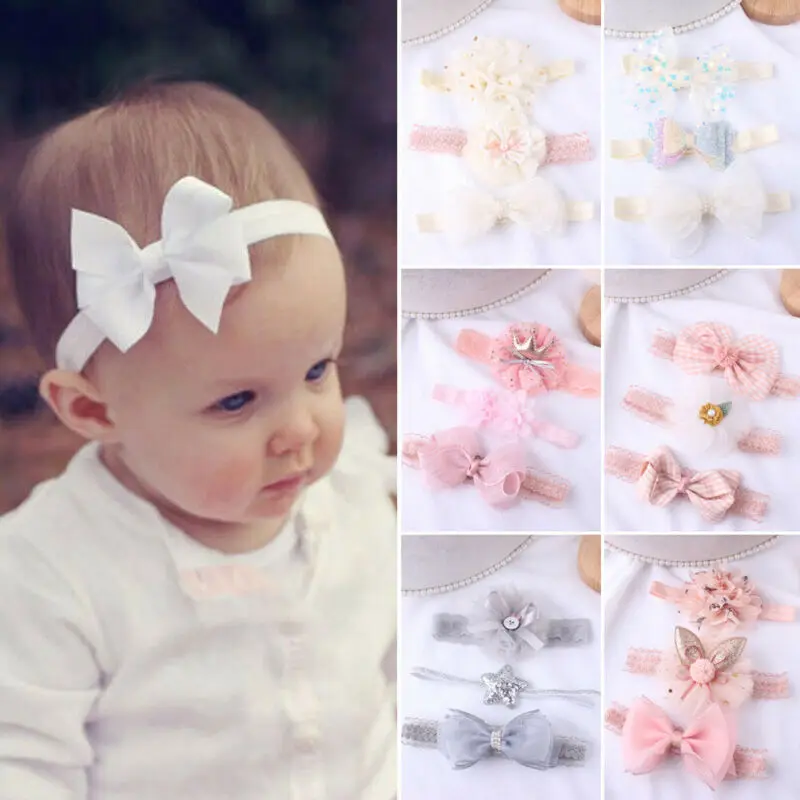 

Pudcoco 3pcs/Set Baby Girl Headband Ribbon Elastic Headdress Kids Hair Band Newborn Bow For Baby Girl 0-3Years