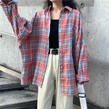 

E-BAIHUI Autumn Winter Women Vintage Plaid Oversized Blouse Batwing Sleeve Turn Down Collar Purple Shirt Button Up Casual Tops