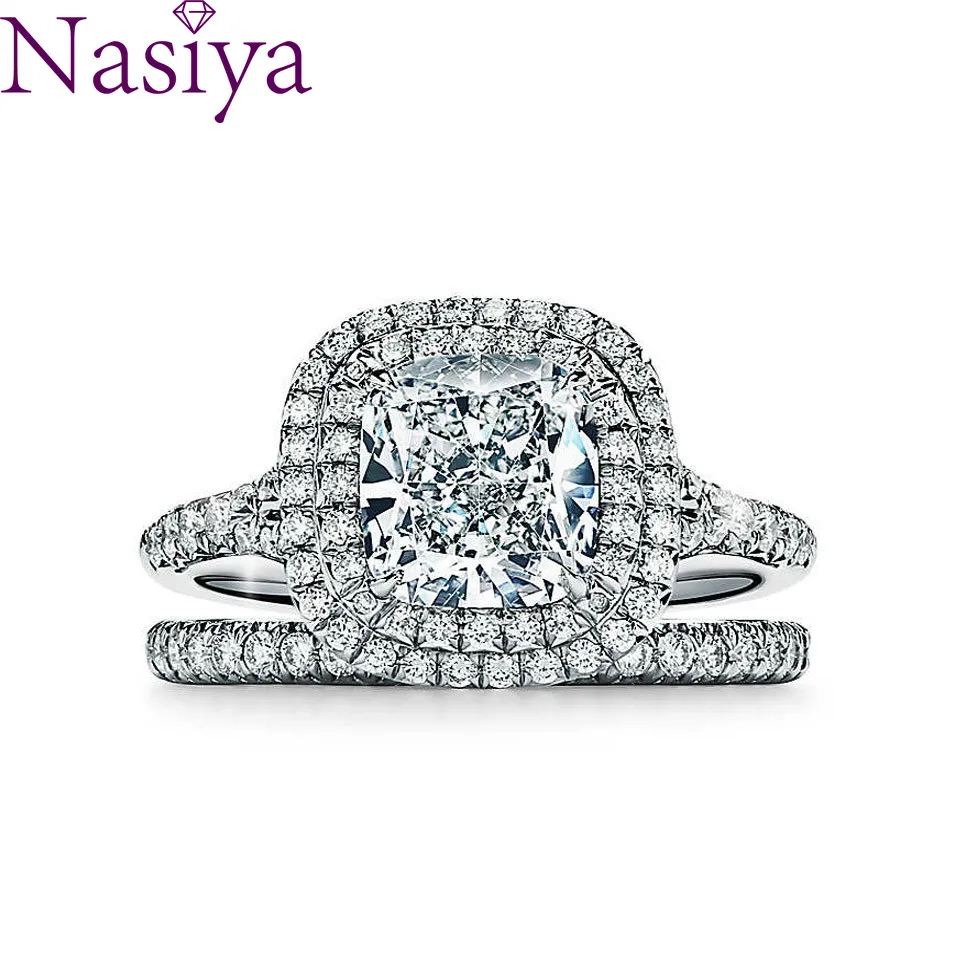 NASIYA 14 к 585 Белое золото 1ct 6 мм EF цвет подушка срезанный Муассанит двойной Halo обручальное кольцо свадебный набор колец для женщин NASIYA 14 к 585 Белое золото 1ct 6 мм EF цвет подушка срезанный Муассанит двойной Halo обручальное кольцо свадебный набор колец для женщин