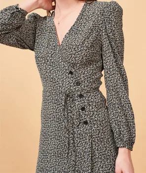 

Lady Must Have Wrap Dress Spring Summer Women Floral Print V Neck Lace Up Long Sleeve Mid Calf Dress