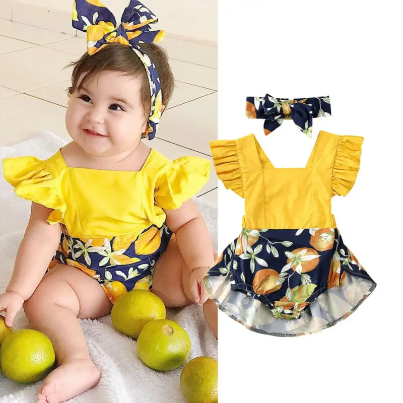 2020 Baby Summer Clothing Girl Lemon Print Ruffle Romper Dress Headband Outfit Clothes Set Sunsuit | Детская одежда и обувь