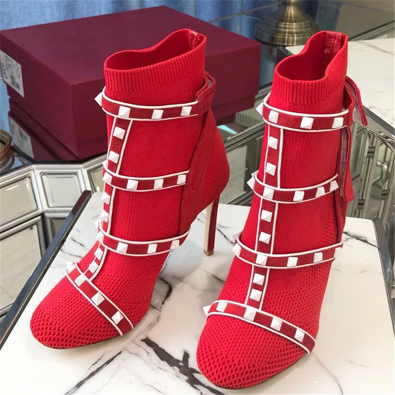 Женские рыцарские ботинки с круглым/заостренным носком черные красные | Обувь