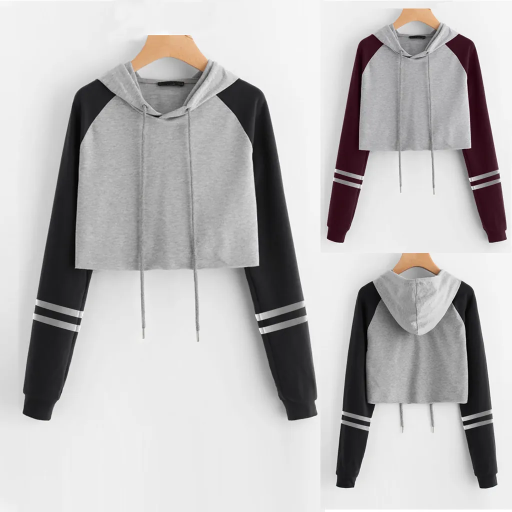 

Womens Solid Long Sleeve Splice Pullover Hooded Short Tops Fashion Casual Femme Pullovers Tops