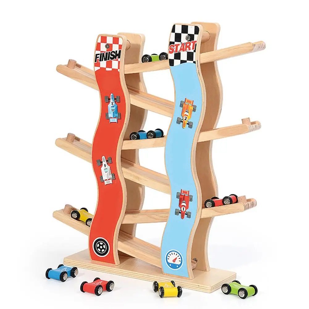 Racetrack Wood 5 levels and 4 racing cars Slide Game with Cars 