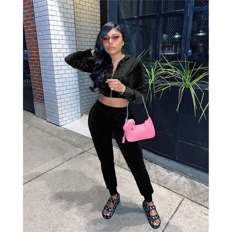 

2 Pcs Women Solid Color Outfits Adults Long Sleeve Hooded Crop Top with Drawstring + Trousers with Slant Pockets