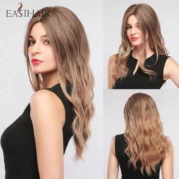 

EASIHAIR Brown Ombre Wavy Wigs Medium Length Synthetic Wigs for Women Natural Hair Middle Part Cosplay Party Wigs Heat Resistant