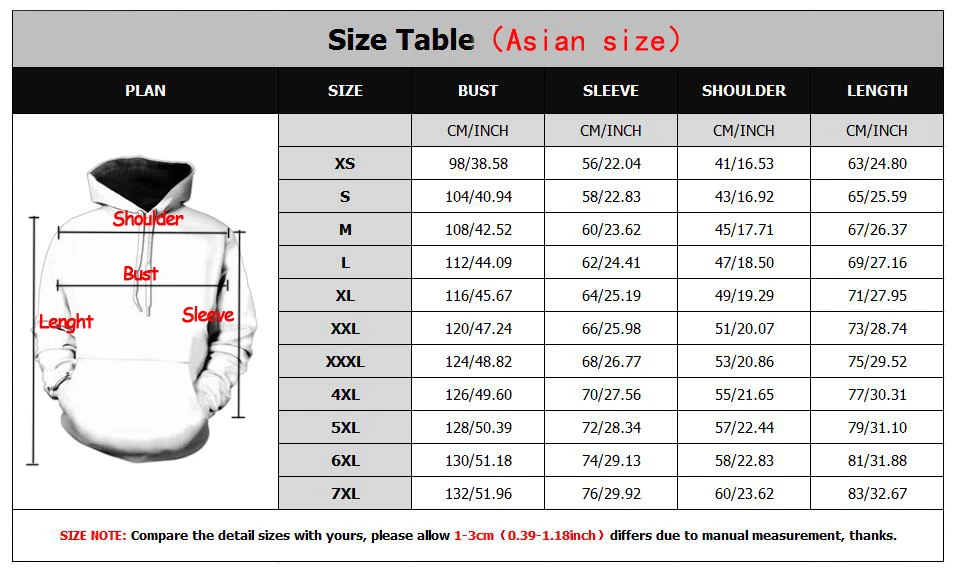 Men/Women 3D All Over Printed Hoodies Size Table (Asian size). about. 