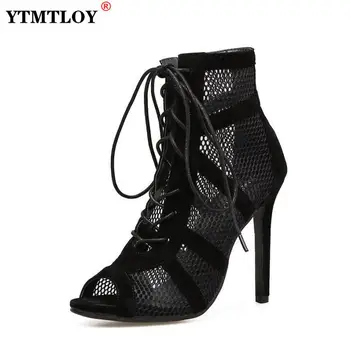 New Fashion show Black Net Fabric Cross strap Sexy high heel Sandals Woman shoes Pumps Lace-up Peep Toe Sandals Casual Mesh 1