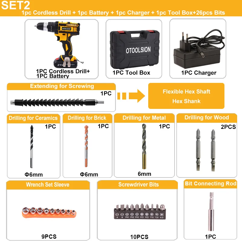 SET2 (1 pc battery) 21 в ударный Аккумуляторный шуруповерт наборы электрической дрели Аккумуляторная дрель электрические инструменты для работы по металлу - Цвет: SET2 (1 pc battery)