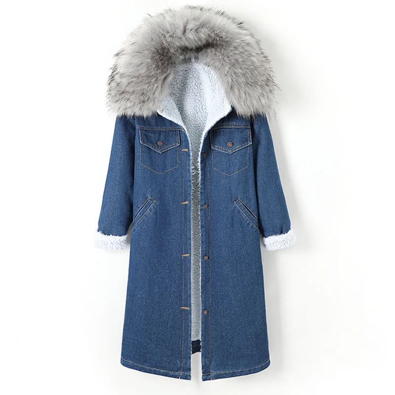 Dark Blue Зимняя длинная парка с большим меховым воротником, плотное теплое джинсовое пальто с бархатным флисом и несколькими карманами, джинсовая куртка для женщин, большие размеры - Цвет: Dark Blue