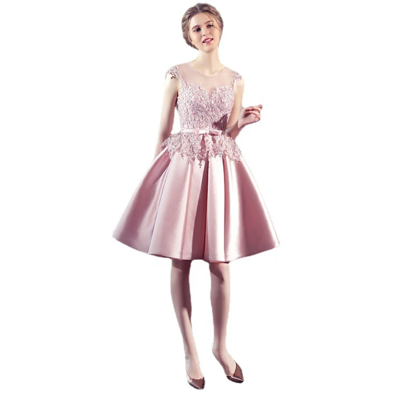 

Dusty Pink Short Prom Dresses A-line Lace Appliques Open Back Party Dresses with Sash Dress for Graduation