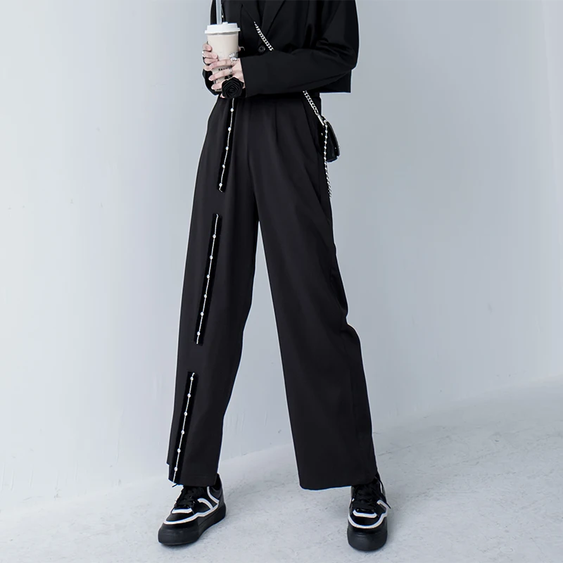 

XUXI 2020 Spring Black Casual Pants Women Sense Design Zircon Straight Pants Wide Leg Pants Women Fashion Pantalon Femme FZ1872