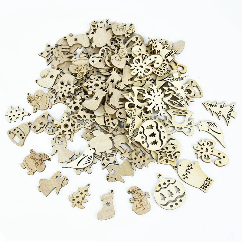 50/100Pcs DIY Natural Wooden Chip Xmas Tree Hanging Ornament 2021 Christmas Party Decorations For Home 2022 New Year Gifts