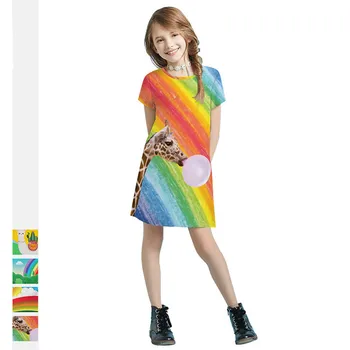 

kids girl Wear Short sleeve dress Cartoon sika deer Digital printing child apparel Bright rainbow Casual cute
