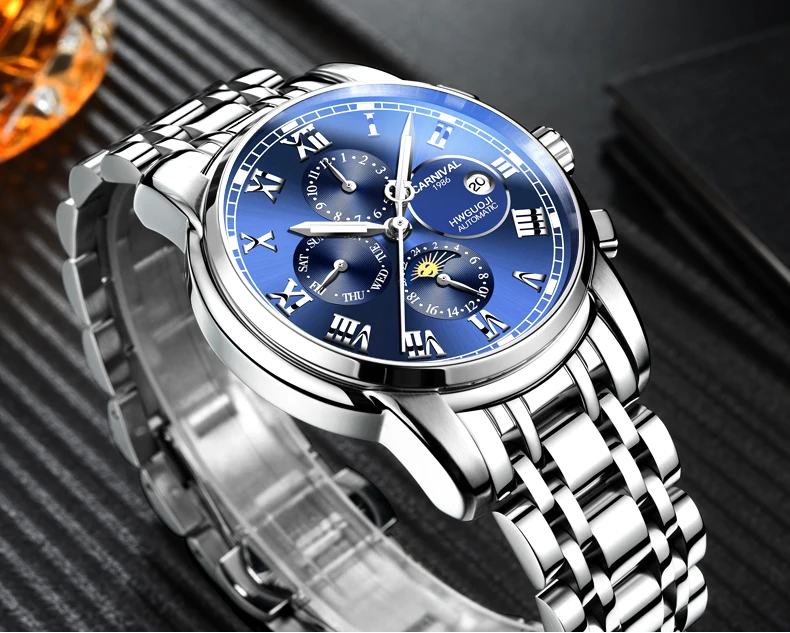 Для мужчин часы лучший бренд роскошных автоматические механические часы Для мужчин Спорт Водонепроницаемый световой Луна Празем часы Relogio