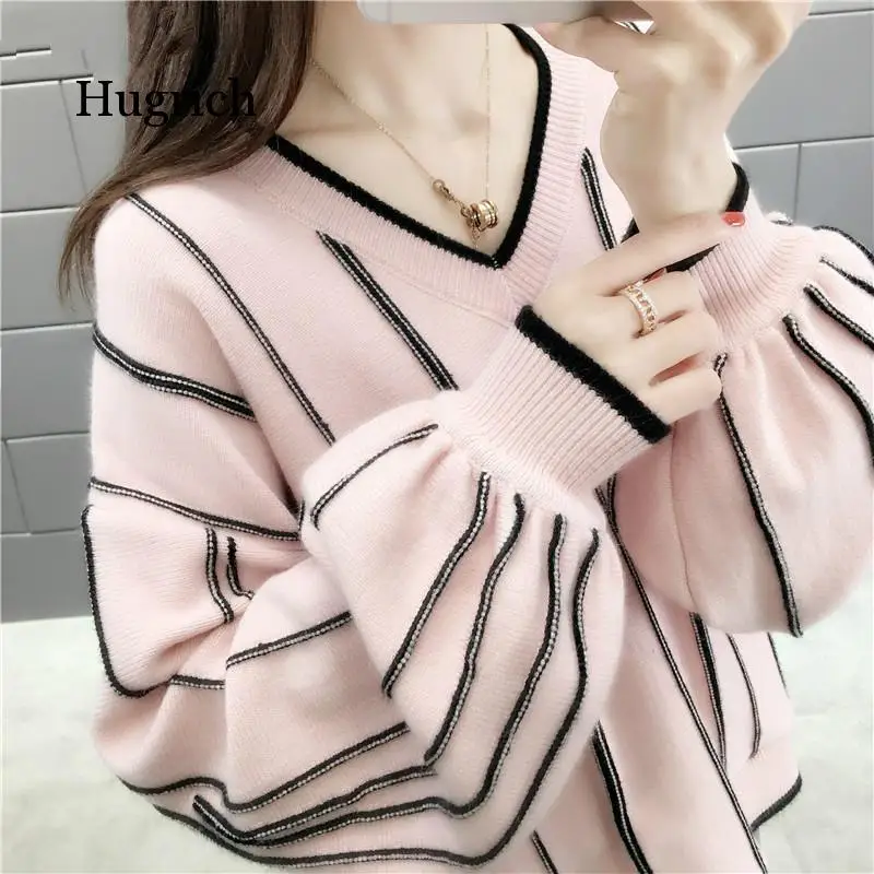 

Autumn Winter New Knitted Sweater Women Loose Wild Fashion V Neck Striped Pullover Patch Pull Femme Lady Top