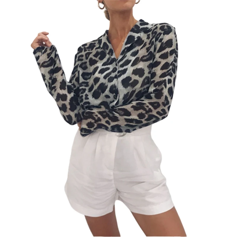 Vintage Women Blouse Long Sleeve Sexy Leopard Print Turn Down Collar Lady Office Shirt Ladies Tunic Loose Plus Siz |