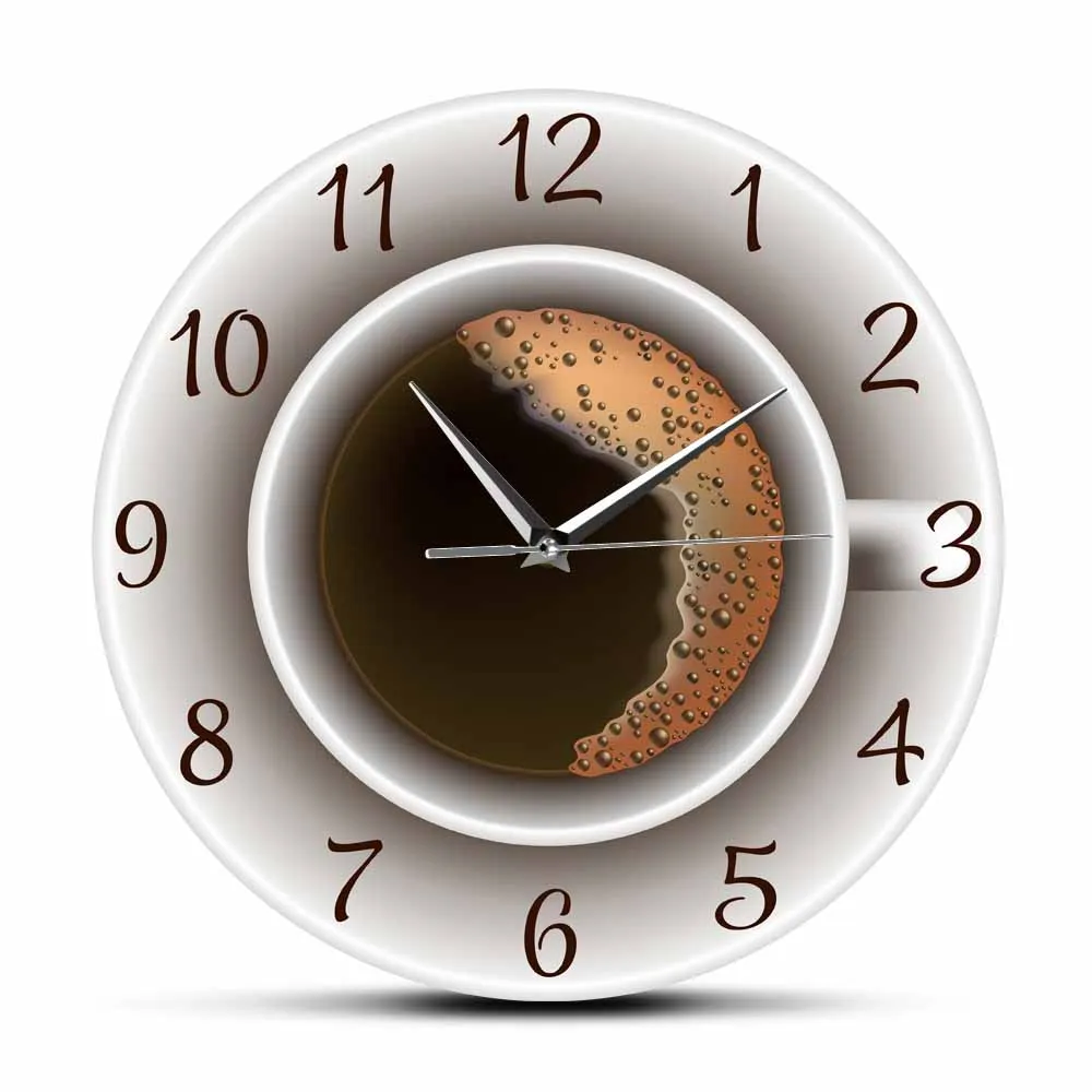 Cup of Coffee with Foam Decorative Silent Wall Clock Kitchen Decor Coffee Shop Wall Sign Timepiece Cafe Style Hanging Wall Watch Just6F