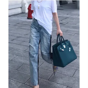 

Women's Contrast Color Patchwork Jeans Pleated High Waist Loose Straight Vintage Long Pants Female Denim Trousers 2020 New