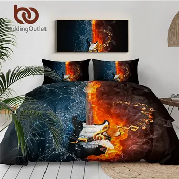 

BeddingOutlet Bass Guitar Bedding Set 3D Printed Duvet Cover Set Fire And Water Bedclothes 3-Piece Music Vivid Home Textiles