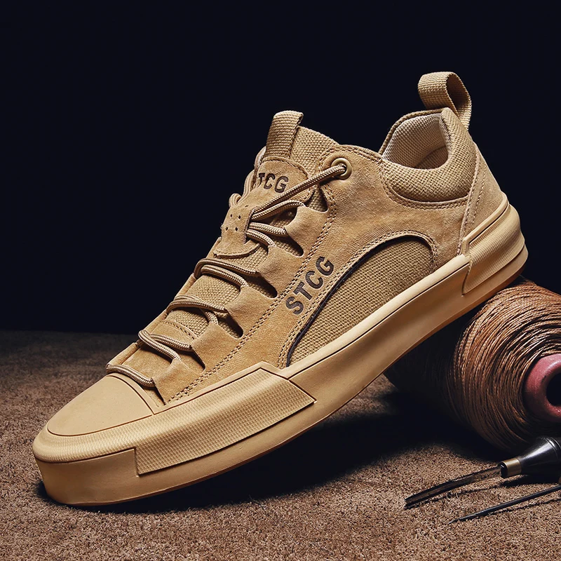 Zapatos de cuero vacuno informales para hombre, zapatillas antideslizantes y suaves de lujo, transpirables, para exteriores, de piel Natural vaquera, cómodos, vulcanizados