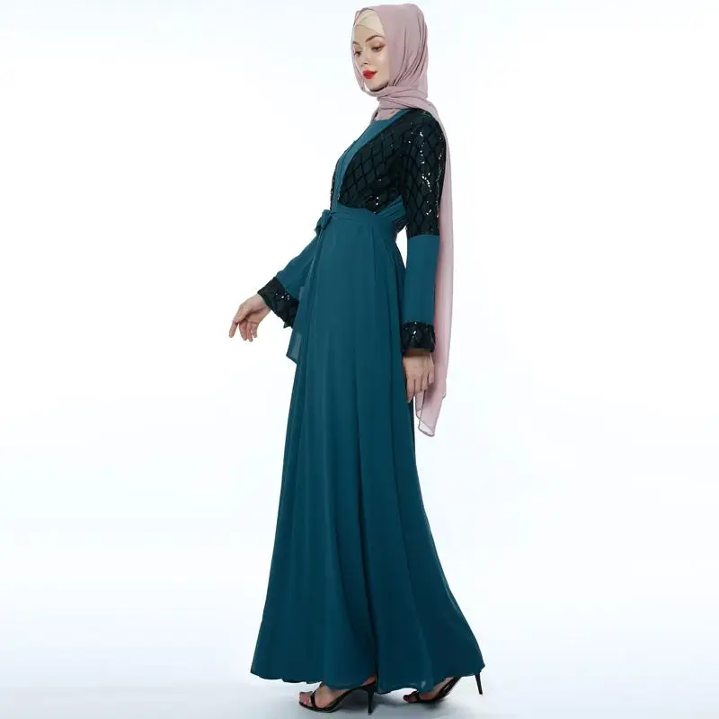 Мусульманский Для женщин открытой передней Абаи блестки длинное платье в пол с халаты с поясом кимоно кафтан dubai длинный рукав шифоновый