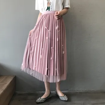 

2020 Spring Mesh Skirt Women Skirts Elastic High Waist Feather Skirt A-Line Pleated Skirts Jupe Femme Faldas Saias Streetwear