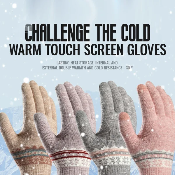 

2021 Winter Thicken Cashmere Two Layer Gloves for Women Snowflake Knitted Pattern Full Finger Skiing & TouchScreen Glove Gifts
