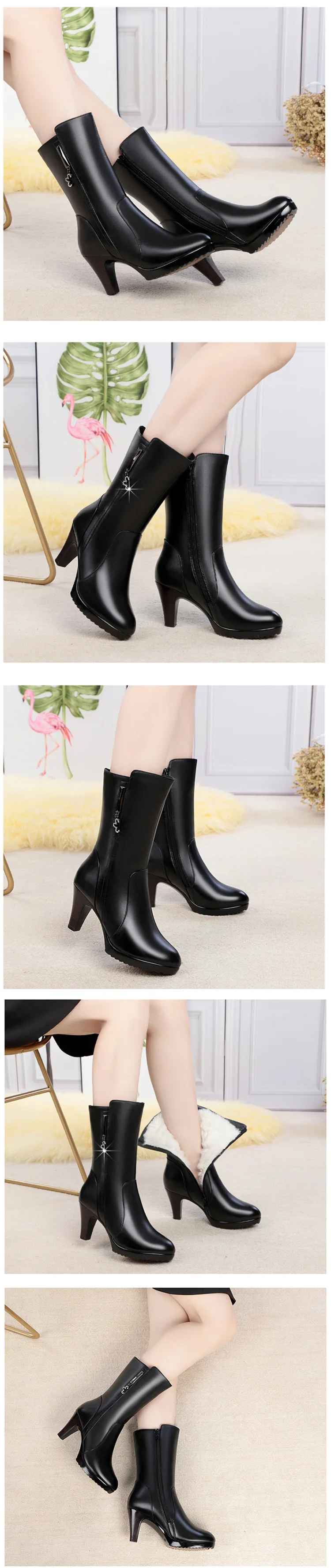 LISUNNY Women's Boots Wool Genuine Leather Warm Thick Wool Women's Winter Boots High-heeled Fashion Mid-calf boots Women 35-40
