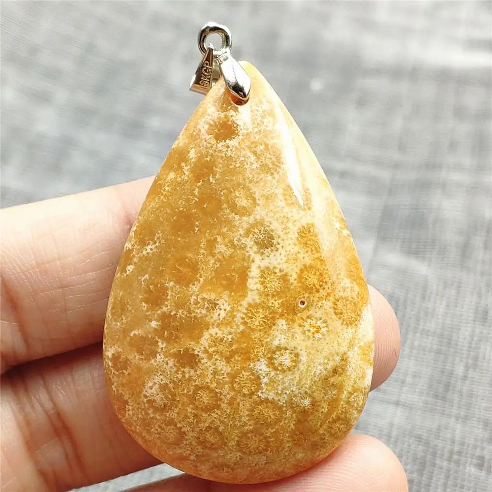 

Natural Yellow White Chrysanthemum Stone Precious Coral Pendant Women Men 46x30x8mm Crystal Healing Stone Necklace AAAAA