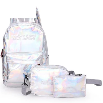 

ZZSLHL 2020 Holographic Laser Backpack Embroidered Patent Letter Hologram Backpack set School Bag +shoulder bag +penbag 3pcs