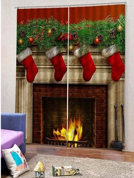 

2 Pcs Christmas Curtains Fireplace Printed Curtain Xmas Gift Socks Pattern Window Curtains Living Room Bedroom Blackout Curtains