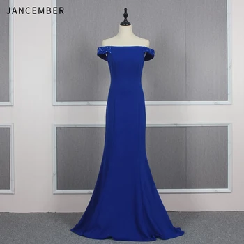 

JANCEMBER boat neck red prom dress off the shoulder short sleeve zipper back mermaid simple prom dress robe soirée longue femme