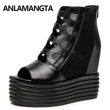 

2020 Summer Women Genuine Leather Sandals Open Toe Zipper Platform Hollow Shoes Ladies Hight-top Sexy Party Shoes