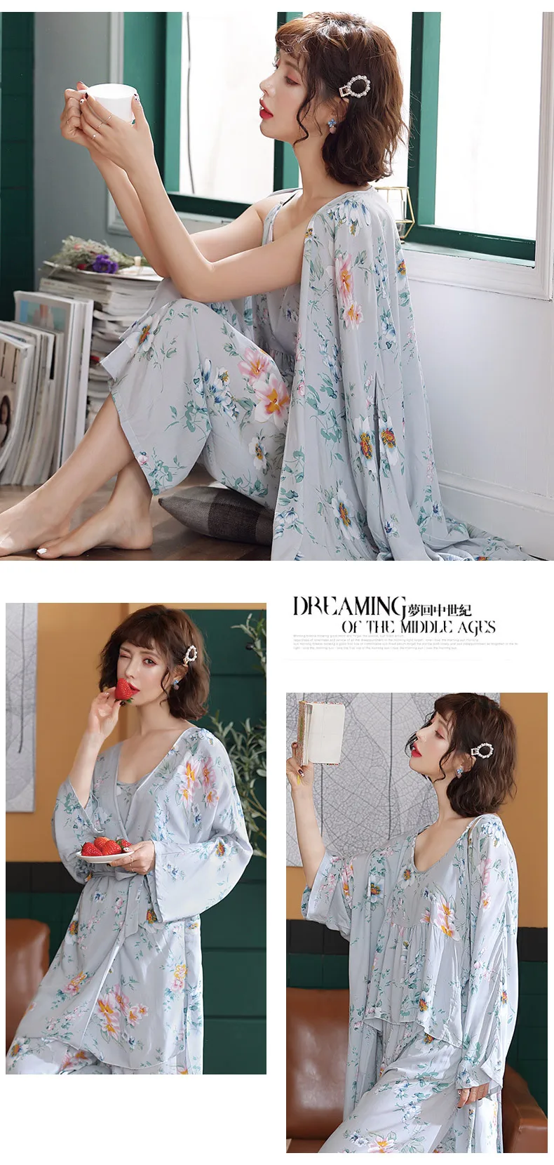 3 шт. домашний Пижамный костюм халат цветочный сексуальный женский плюс размер халат ночная рубашка стиль Летняя Пижама Femme домашний халат