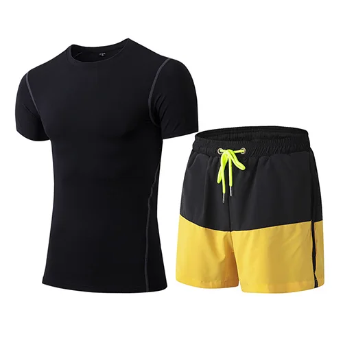 Yuerlian XXL компрессионные колготки для фитнеса набор быстросохнущая спортивная одежда костюм футболка для спортзала шорты спортивный костюм для мужчин спортивный костюм для бега - Цвет: black1003bgold7014