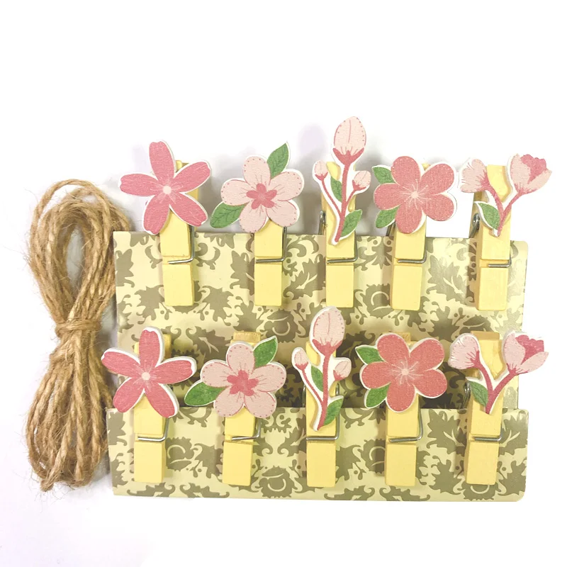 

10pcs/lot Creative Cherry Blossoms Wooden Clips Mini Photo Paper Craft Clip School Decoration Stationery With Hemp Rope